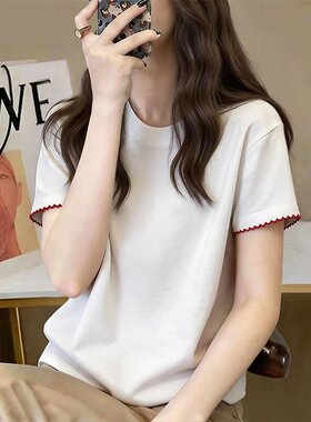 纯白色棉质短袖T恤女夏季新款韩系百搭短款减龄高级感花边袖上衣
