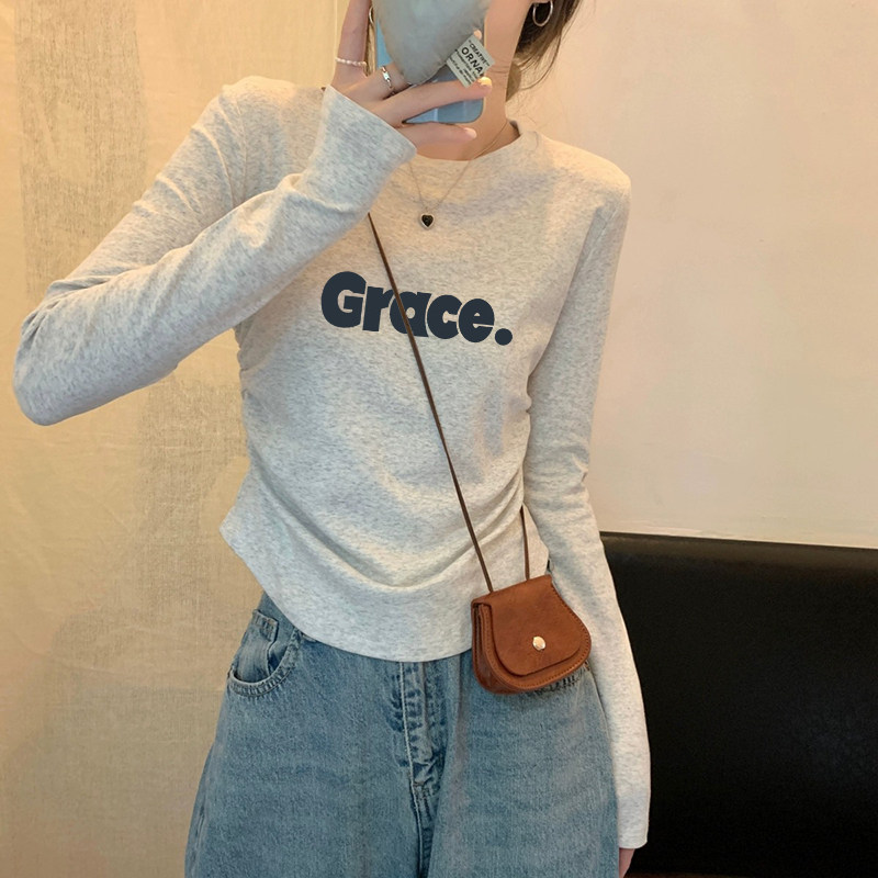 设计感小众褶皱收腰正肩长袖t恤女2026年早秋新款洋气短款打底衫
