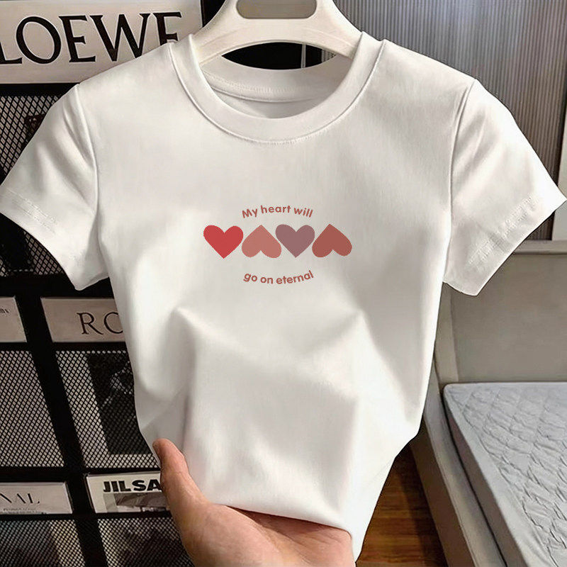 正肩圆领短袖t恤女夏季新款白色纯棉修身显瘦减龄洋气短款上衣服