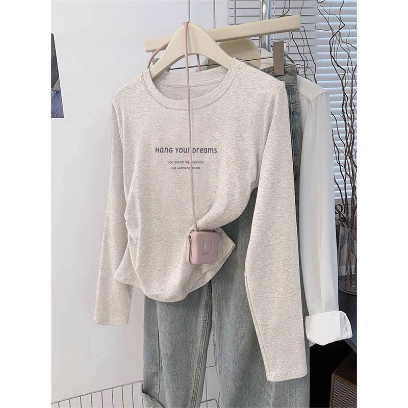 设计感小众正肩长袖t恤女装2026早秋新款洋气短款褶皱收腰打底衫