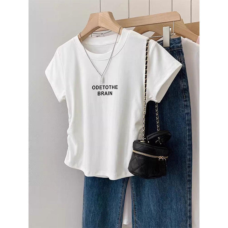 白色正肩短袖t恤女2026夏季设计感褶皱收腰圆领修身显瘦短上衣