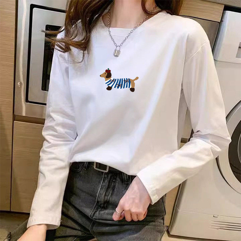 白色长袖圆领T恤女2026春秋新款百搭休闲时尚印花宽松显瘦上衣潮