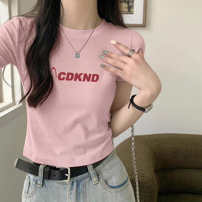 纯棉短袖T恤女夏季新款设计感小众甜辣正肩修身显瘦短款圆领上衣