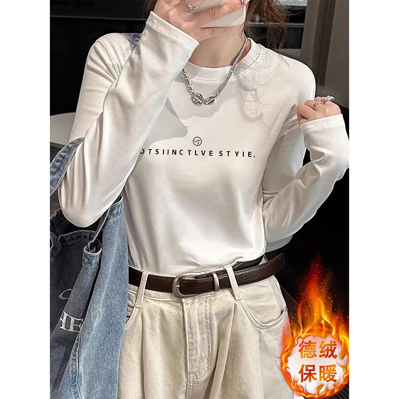 秋冬季德绒加厚款圆领长袖T恤女