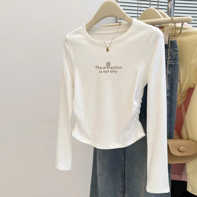 纯棉长袖t恤女不规则收腰内搭打底衫辣妹显瘦修身短款上衣秋冬季