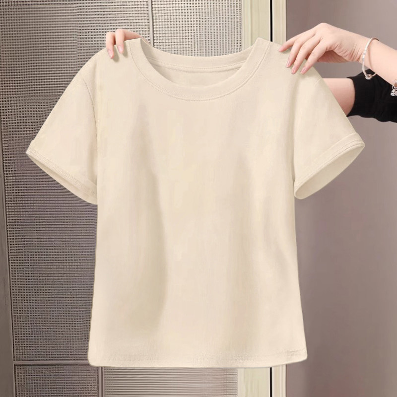 正肩T恤女短袖2026夏季新款宽松显瘦奶油色体恤圆领百搭短款上衣