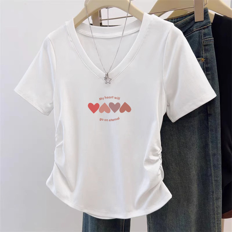 夏季正肩短袖t恤女装褶皱设计感修身显瘦v领高腰短款小众上衣