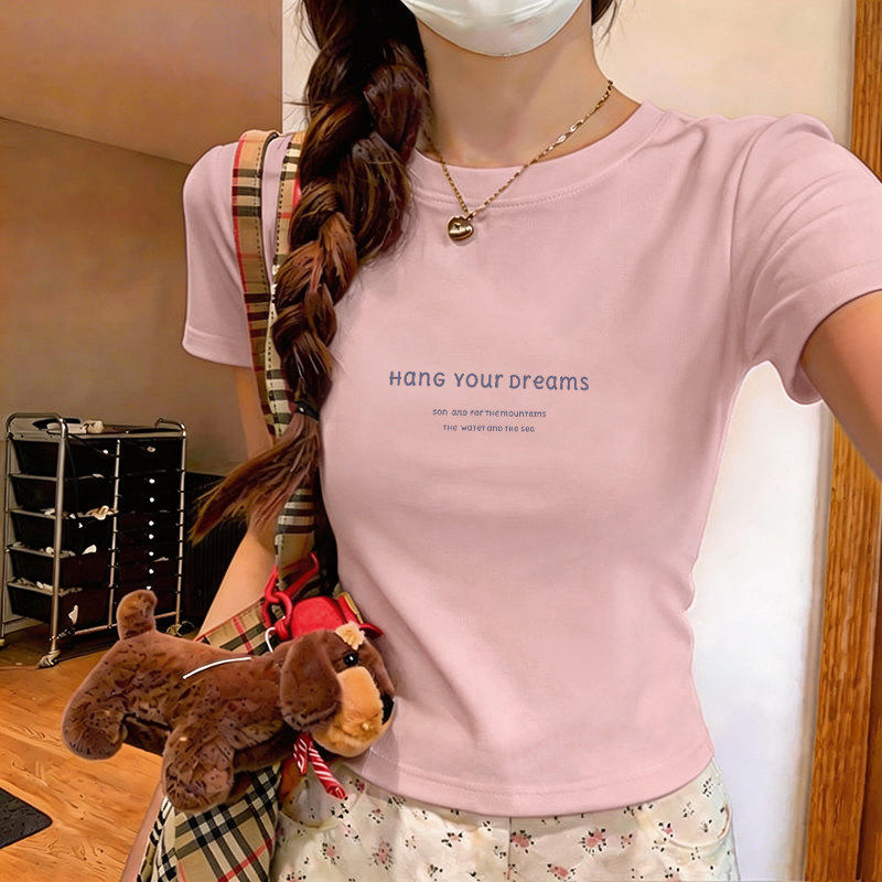 纯棉粉色短袖t恤女夏季2026新款修身短款上衣女装体恤简约打底衫