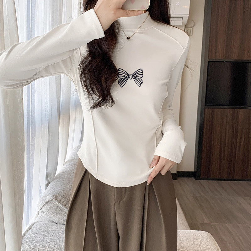 磨毛半高领长袖T恤女秋冬新款小个子设计感弧形下摆加厚保暖上衣