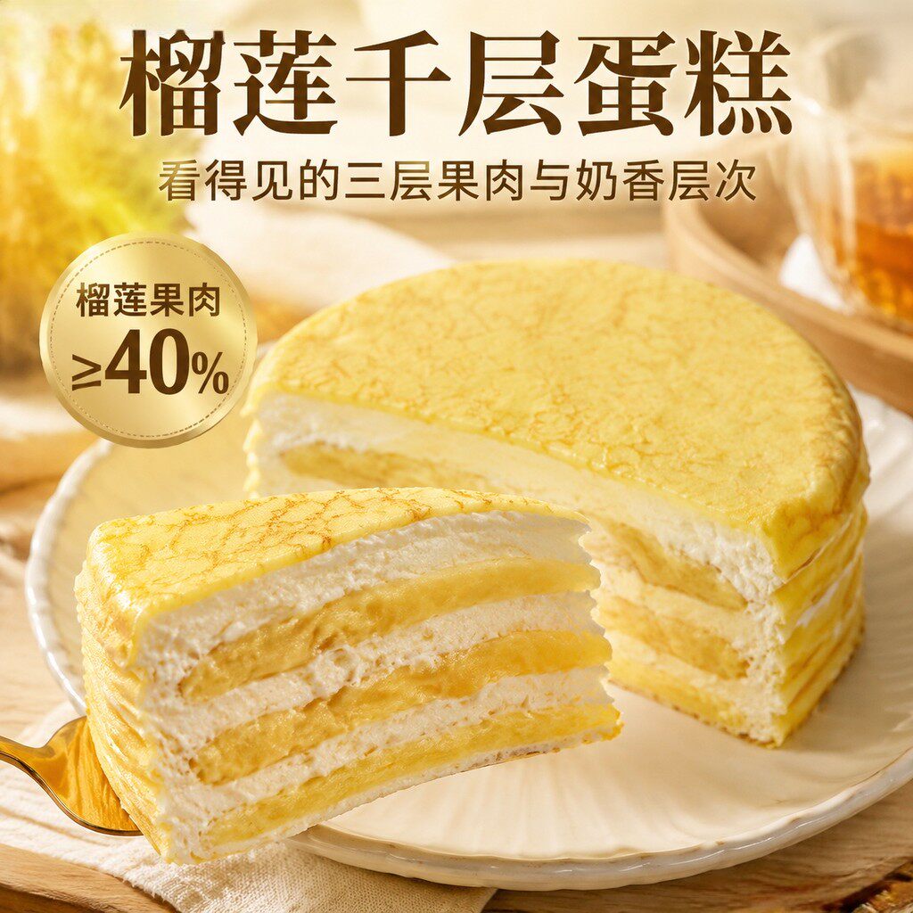 珍品瑞400g*2盒虎皮榴莲千层蛋糕爆浆奶油脆皮甜品零食6寸蛋糕