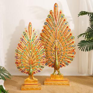 东南亚风格装饰品泰国孔雀开屏摆件客厅卧室桌面摆设实木雕软装饰