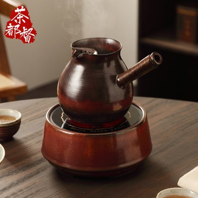 明德园侧把柴烧釉红泥古法围炉煮茶器壶全手工红淘文创家用电陶炉