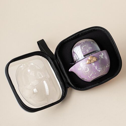 紫汝鎏银牡丹缠枝莲快客杯一壶二杯便携家用办公室露营差旅泡茶组