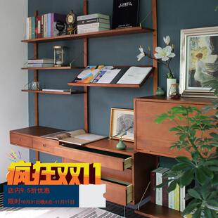 复古实木樱桃木中古蜂蜜色置物书架墙壁系统挂柜搁板 其格家具
