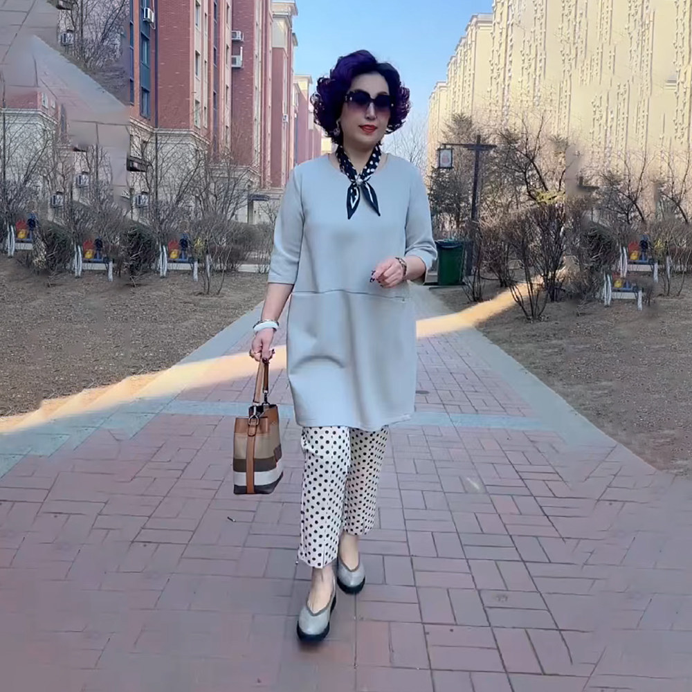 休闲宽松中长款大码遮肚半袖t恤上衣妈妈装夏新款洋气两件套套装