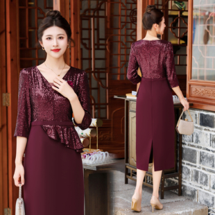 婚礼七分袖 V领连衣裙气质高品质敬酒服喜婆婆婚宴礼服长裙子晚装