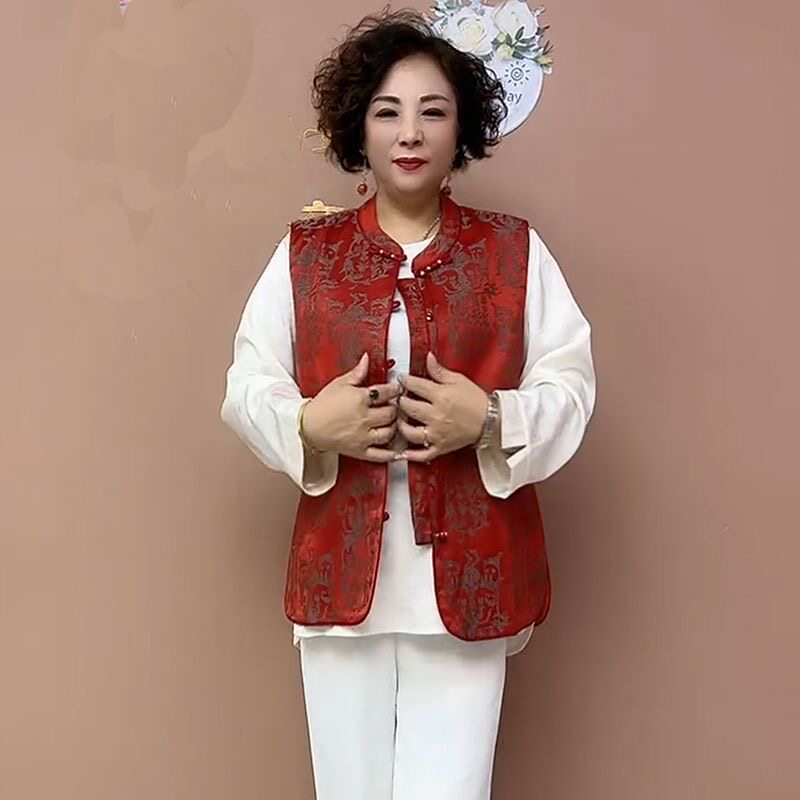 新中式国风缎面提花马夹坎肩时尚气质中老年妈妈装无袖背心外套女 - 美妈妈出品