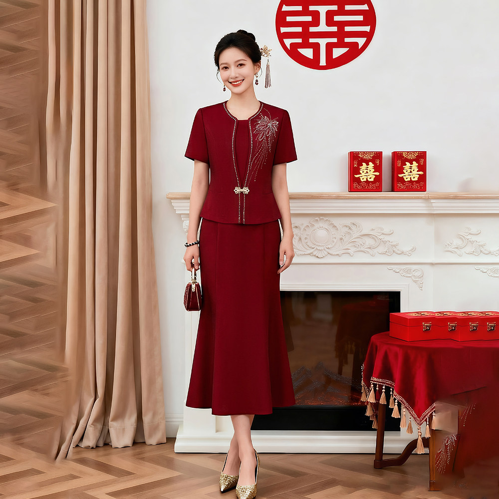 喜婆婆婚宴敬酒服短袖连衣裙礼服图片