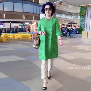 波点宽松中长款半袖t恤上衣打底小脚裤套装妈妈中老年大码两件套