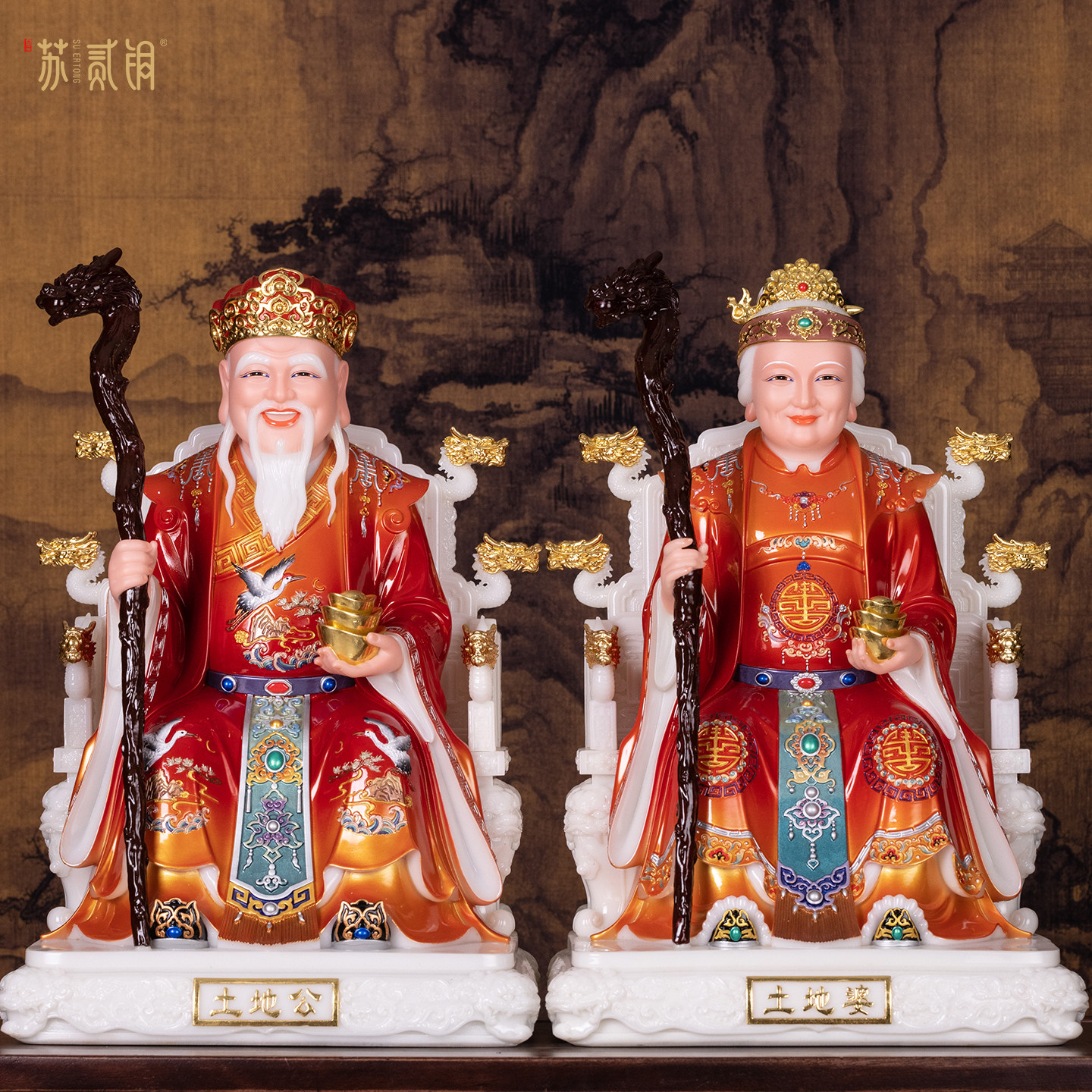 汉白玉土地公土地婆福德正神家用摆件土地爷土地奶像土地公婆神像