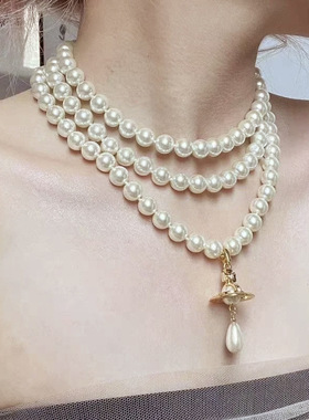 日单蕾系星球同款复古多层珍珠项链日系满钻土星颈链毛衣链choker