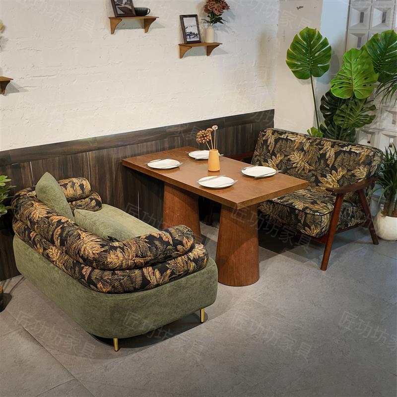 中古实木沙发椅复古西餐厅餐桌椅组合商用咖啡奶茶店休闲茶几桌椅