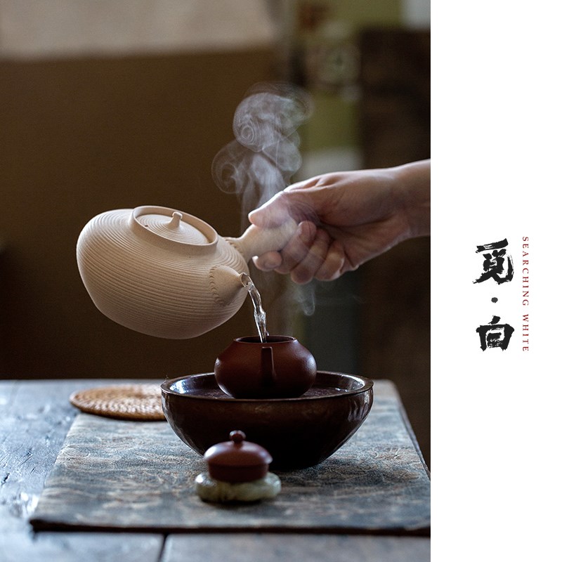 觅白纯手工白泥砂铫煮水壶 玉书煨侧把围炉煮茶炭炉