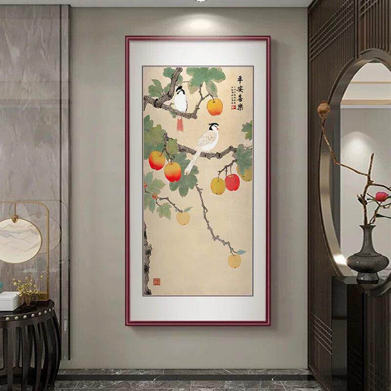 桃子新中式玄关画装饰画事事顺心入户走廊过道挂画寓意好柿子壁画