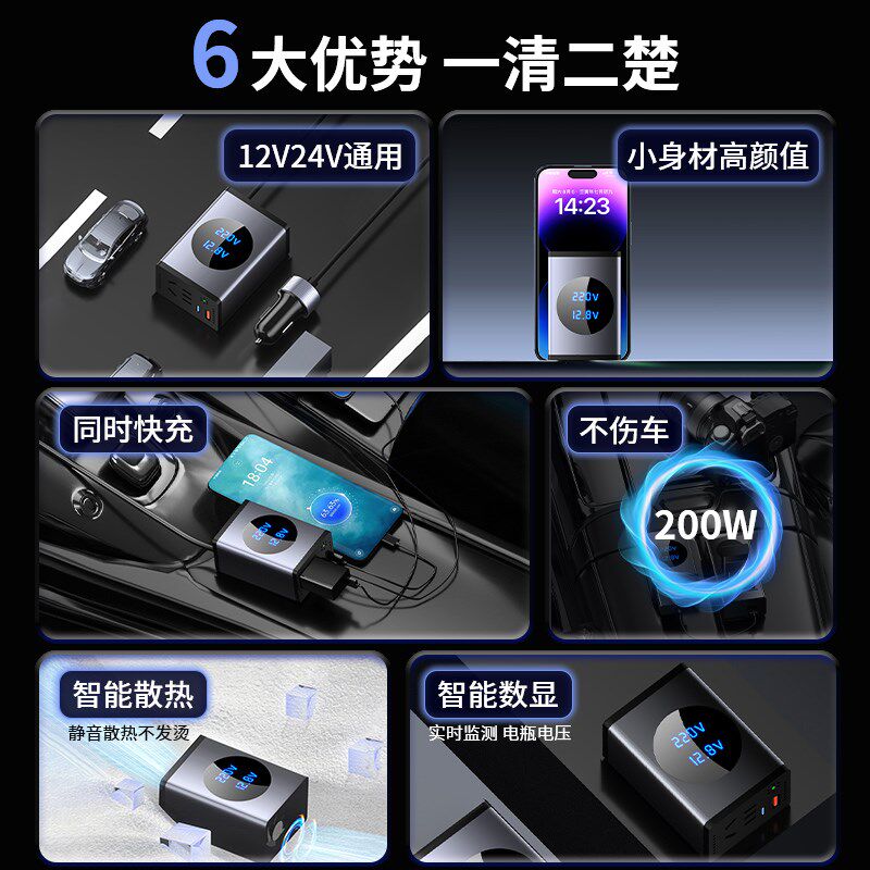 车载充电器12V24V转220V大功率逆变器汽车通用点烟器转换电源插头