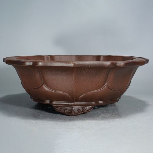 宜兴紫砂精品手工仿古大号紫泥花瓣形瓢口老桩金弹子多肉花卉盆景