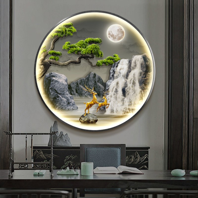 流水生财玄关装饰画大气山水画挂画新中式圆形壁画高级感LED灯画
