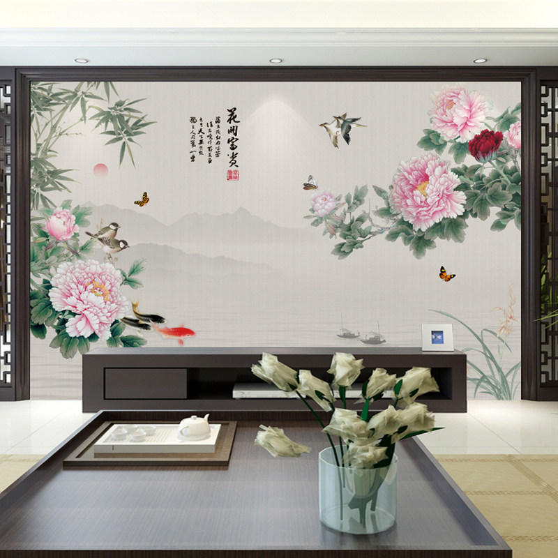 3d中式牡丹花电视背景墙壁纸客厅沙发卧室影视墙壁布自粘立体墙贴