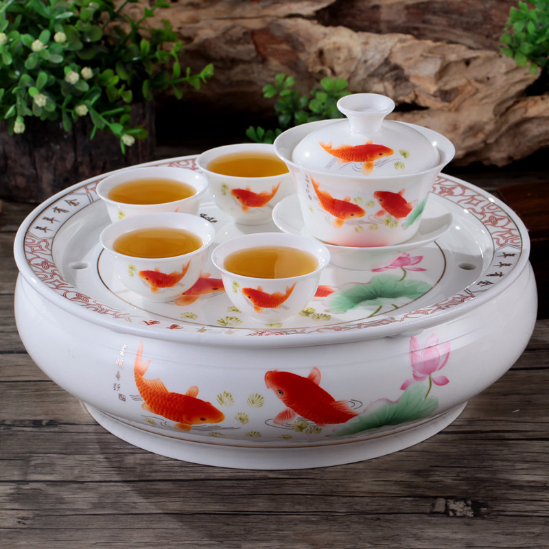 圆形茶盘潮汕功夫茶具茶洗套装10英寸12英寸陶瓷整套储水式茶船