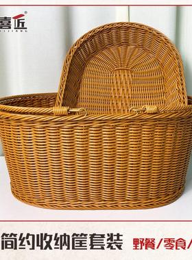W6105仿藤田园手工茶色椭圆户外购物菜篮野餐储物收纳筐收纳篮