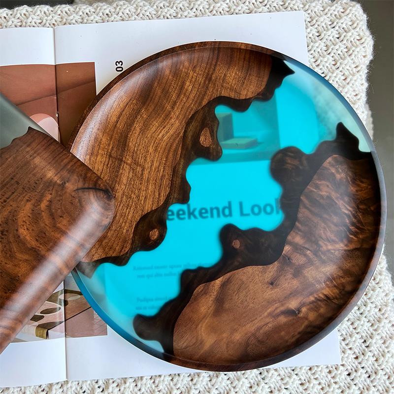 实木水果盘树脂茶盘木质家用胡桃木圆形高级托盘圆盘轻奢高档盘子