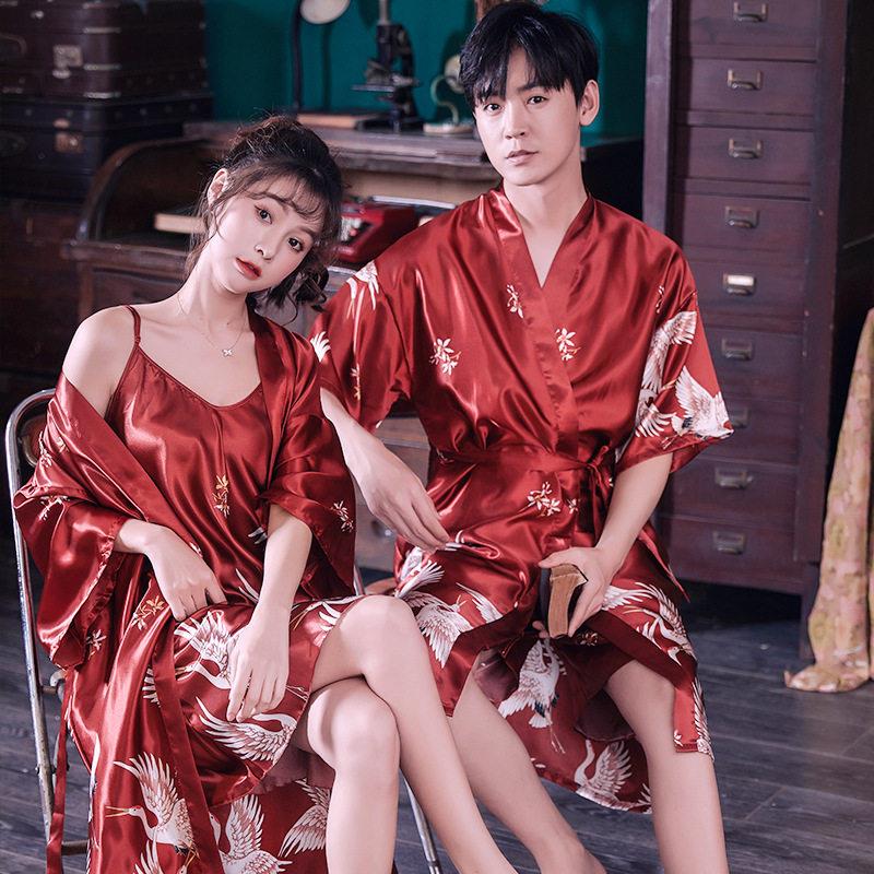2026新款春夏一男一女晨袍女新娘高级感红色新婚结婚睡衣情侣套装
