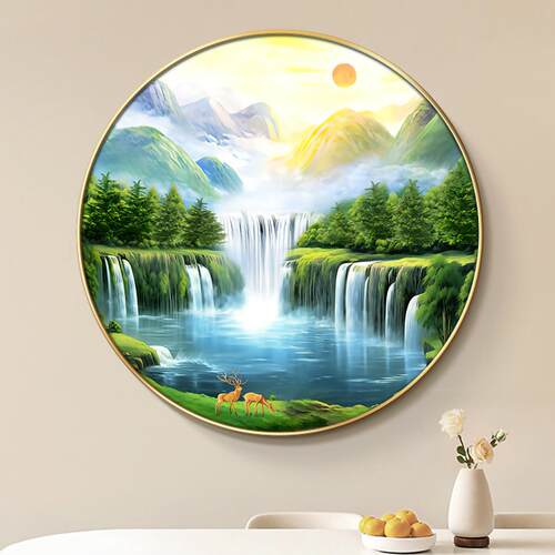 流水生财玄关装饰画大气山水风景画现代简约客厅餐厅走廊圆形挂画