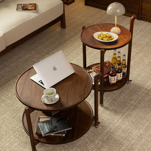 圆形茶几小户型黑胡桃木客厅边桌小茶几可移动沙发边几阳台小茶桌