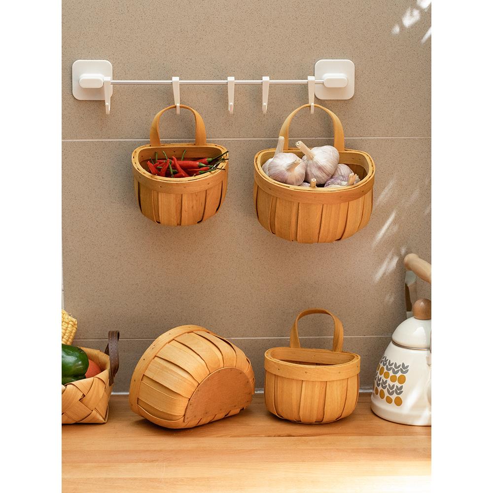 6B76藤编收纳篮子厨房收纳葱姜蒜壁挂式手工编制织蓝放水果野餐篮