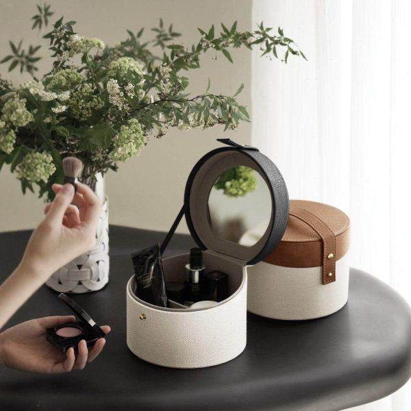 轻奢风圆形麻布化妆盒卧室床头柜端皮革首饰盒家用桌面收纳盒子,收纳整理,首饰盒,淘宝优惠券,粉丝福利购,淘宝优惠卷