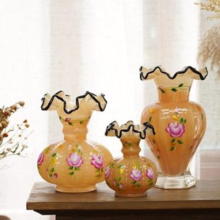 费灵家居中古风手工彩绘琉璃花瓶 复古厚重花器水培插花摆件