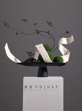 尧与新中国风易达奢华苔藓模拟花艺组合黑色水果盘摆件茶室桌面花