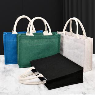 跨境现货彩色时尚手提麻布袋覆膜防水购物黄麻袋diy黄麻包