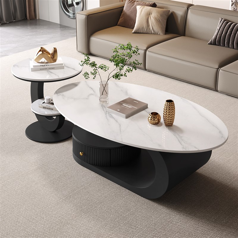 椭圆形奶油风岩板茶几客厅r家用2025新款现代简约轻奢高级茶几组