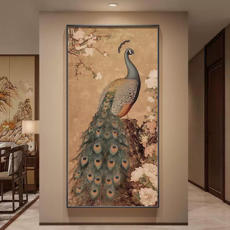 新中式玄关装饰画孔雀入户正对门壁画宋代美学走廊过道挂画寓意好