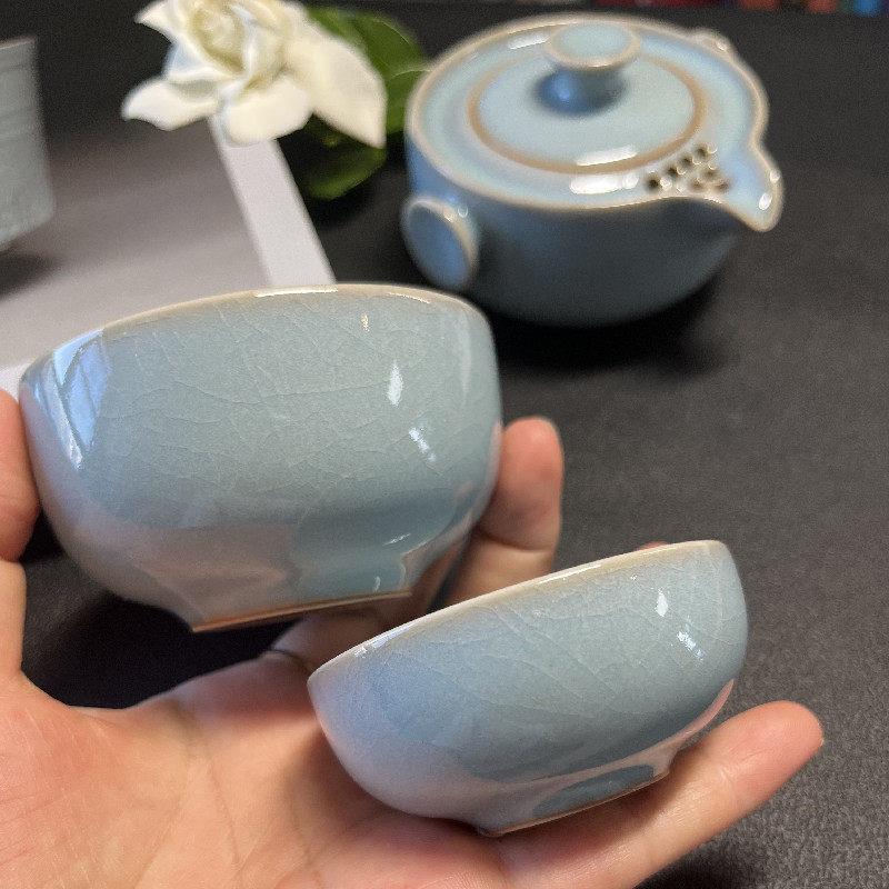 朱家汝窑有盖子的快客一壶两杯旅行装汝州汝瓷茶具天青原矿釉开片