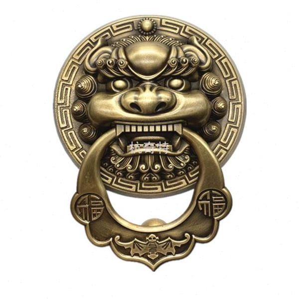 H絎1中式仿古兽头门环拉手纯铜把手狮子头虎头铜拉手大门装饰纯铜