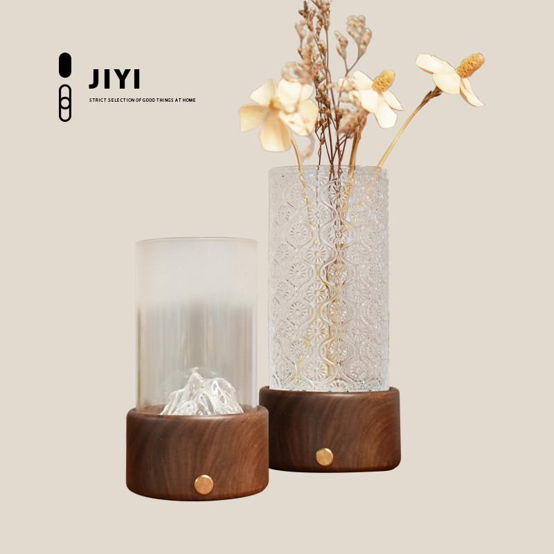 JIYI可发光黑胡桃木玻璃花器花瓶创意简约书房民宿卧室饭厅桌面