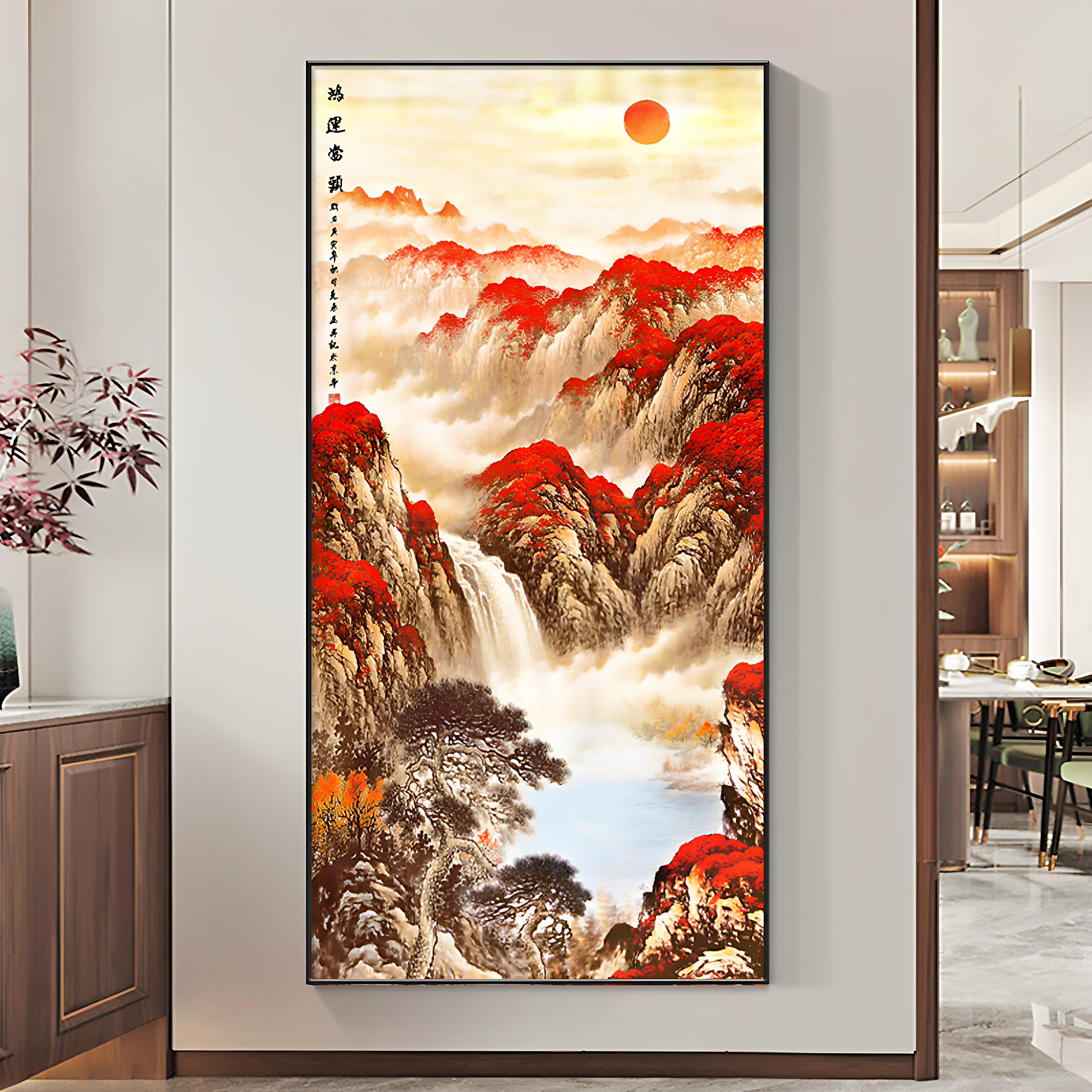 鸿运当头国画新中式玄关装饰画走廊过道尽头山水画竖版挂画墙壁画
