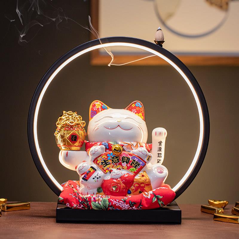 招财猫灯圈自动摇手摆件店铺开业客厅收银柜台陶瓷存钱罐创意礼品